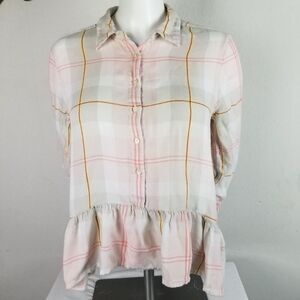 Express Pastel Plaid Peplum Button Front Top‎ Size M